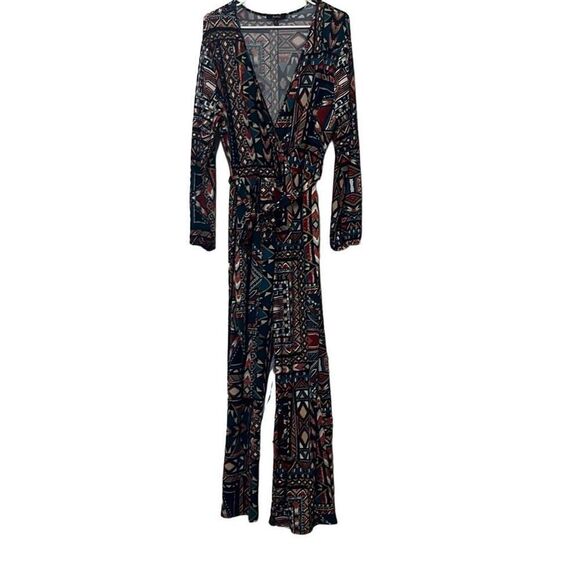 Impulsive 2X Blue Red Faux Wrap Jumpsuit Aztec Tribal Print V Neck Stretch - Picture 1 of 9